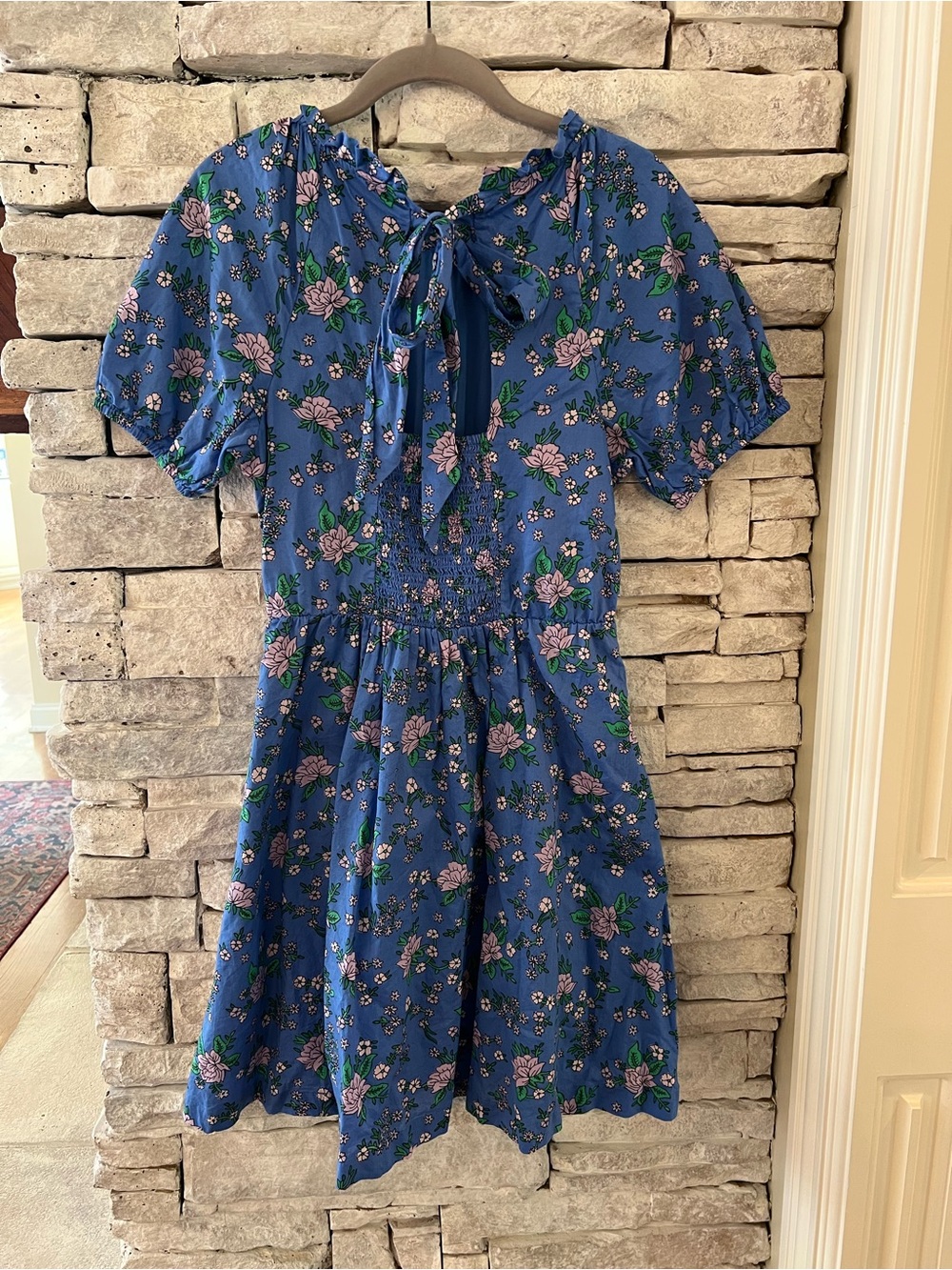 J. Crew Blue Floral Mini Dress with Puff Sleeves, Smocked & Tie Back 100% Cotton - Picture 2 of 10